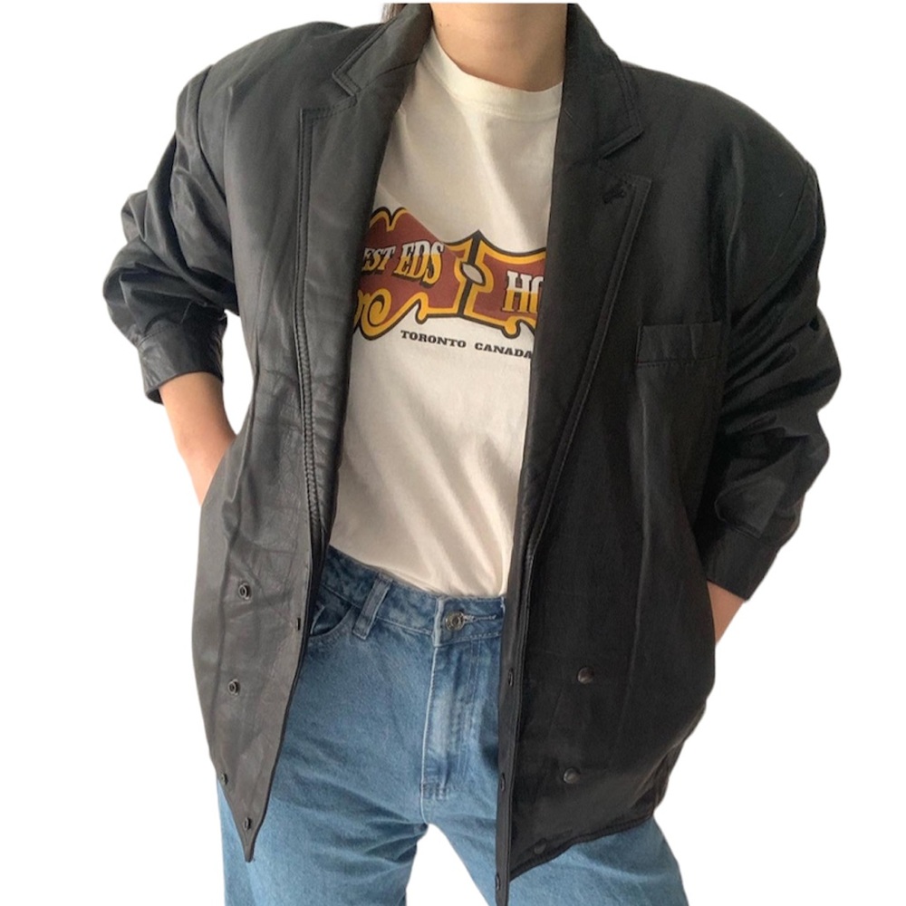 RARE Vintage 80s Black Leather Bomber Style Jacket Oversized Shoulder Pads S-L